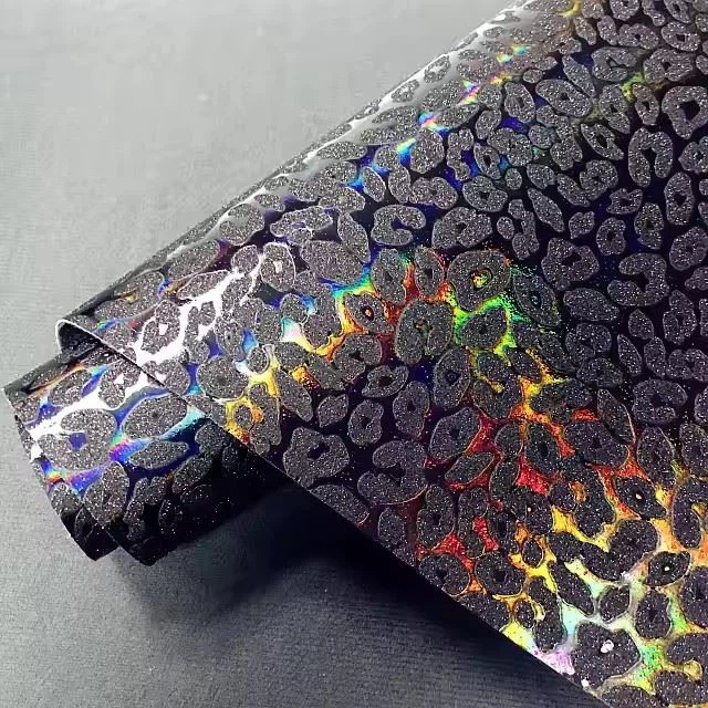 Customized Holographic Pu Leather Leopard Print Fabric For Handbags Making